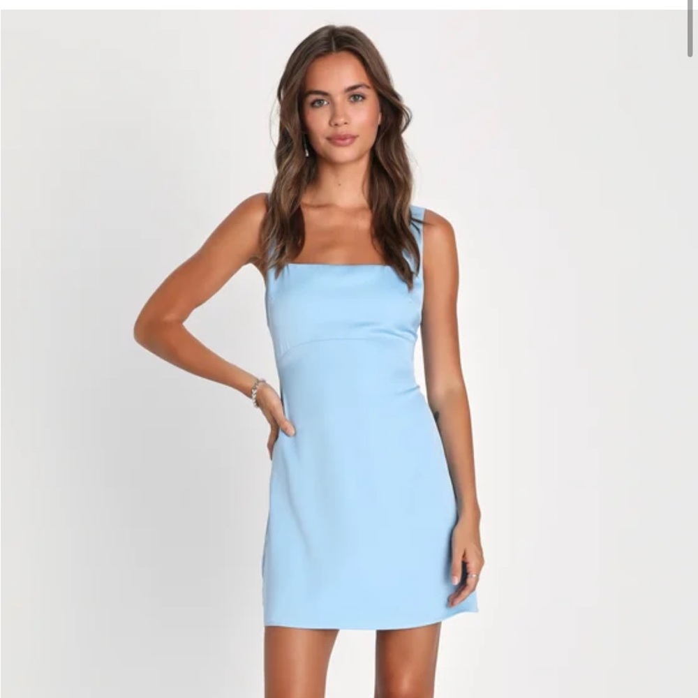 Lulus blue satin square neck mini dress